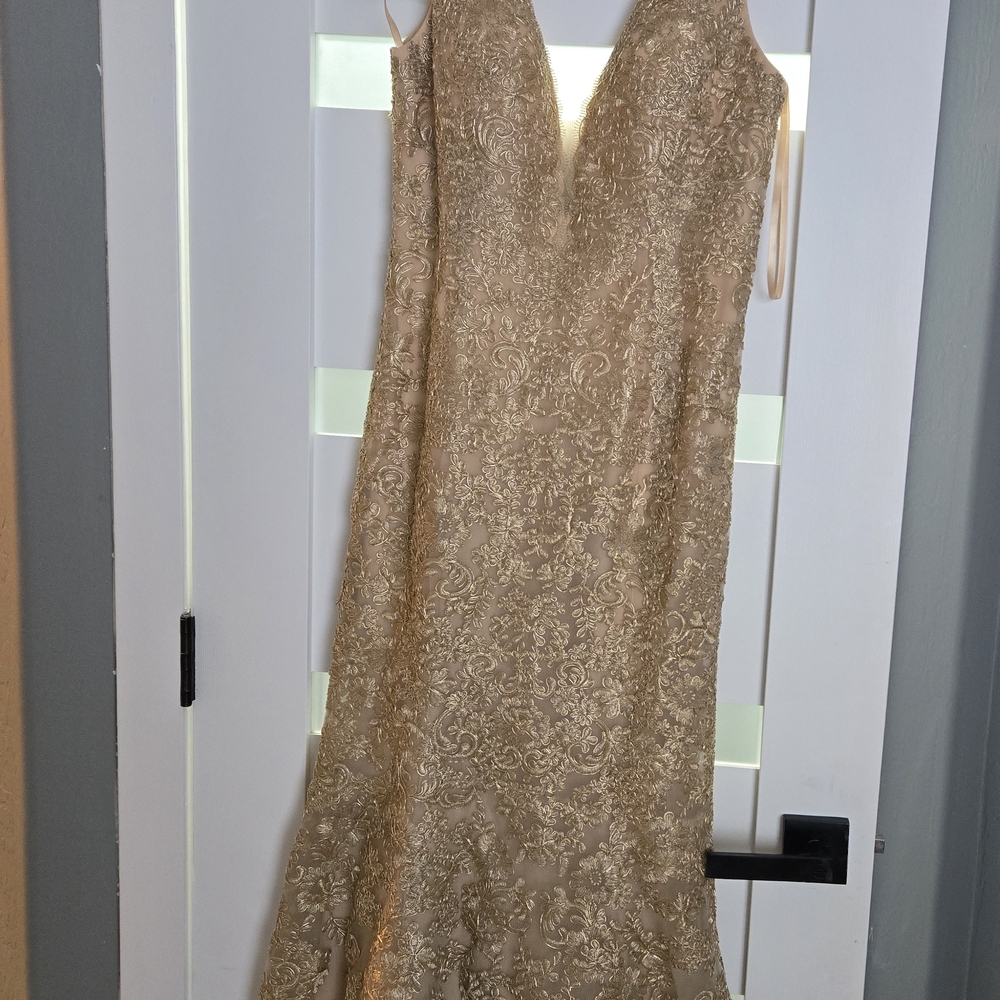 Gold Lace Maxi Evening Dress - Elegant V-Neck - Picture 4 of 12